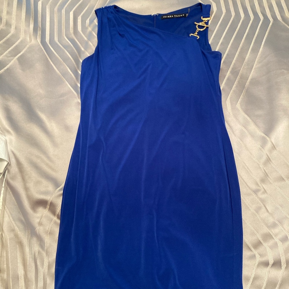 Royal blue one shoulder dress with gold accent